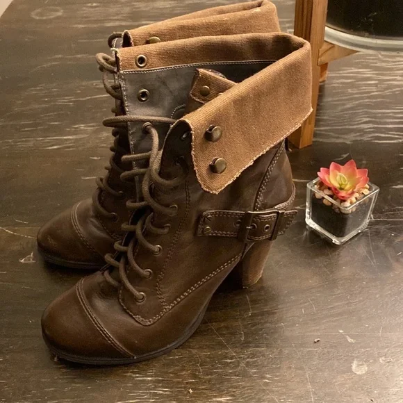 Steve Madden | AWOLL Combat Moto Heel Leather Boots brown women’s 8.5 - Picture 4 of 9